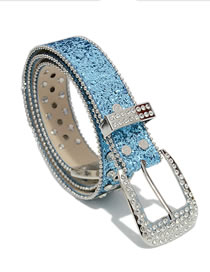 Fashion Light Blue Pu Diamond Sequin Pin Buckle Wide Belt