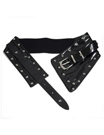 Fashion Black Faux Leather Studded Wide Girdle In Shiny Leather