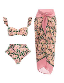 Fashion Pink Circle Skirt Suit Polyester Printed One-piece Swimsuit Knotted Beach Dress
