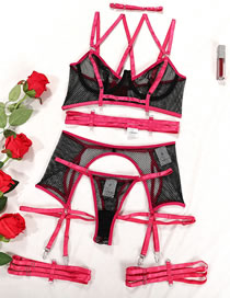 Fashion Rose Red Color-block Lace And Halter Neck Underwear Set