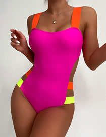 Fashion Rose Red Nylon Color Stripe One-piece Swimsuit