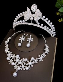 Fashion 4 Silver Crown + Necklace Earrings Alloy Diamond Geometric Crown Earrings Necklace Set