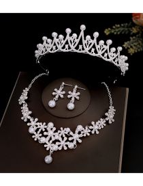 Fashion 8 Silver Crown + Necklace Earrings Alloy Diamond Geometric Crown Earrings Necklace Set