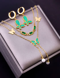 Fashion Green Necklace+earrings Titanium Steel Square Diamond Butterfly Earrings Necklace Set