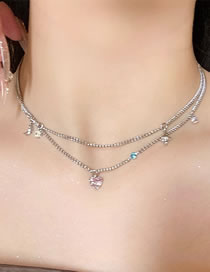 Fashion Silver Copper Inlaid Zirconia Heart Double Layer Necklace