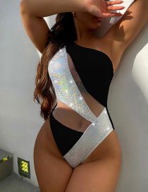 Fashion Black Polyester Sequined Panel Cutout One-piece Swimsuit