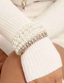 Fashion Gold Pearl Bead And Diamond Prong Chain Bracelet Set
