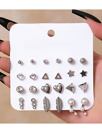 Fashion Silver Alloy Diamond Geometric Heart Five-pointed Star Leaf Earring Set