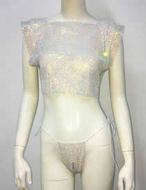 Fashion White Ab Diamond Set Rhinestone Mesh Fly-sleeve Top Lace-up Panty Briefs Set