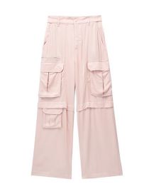 Fashion Pink Silk-satin Cargo Trousers With Oversized Pockets
