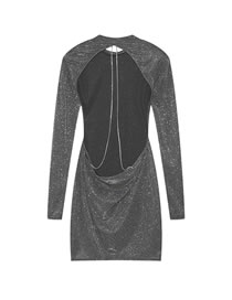 Fashion Silver Open Back Chain Round Neck Long Sleeve Dress