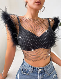 Fashion Black Rhinestone Fishnet Cutout Frayed Top