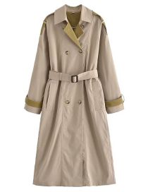 Fashion Khaki Polyester Trimmed Colorblock Belted Jacket