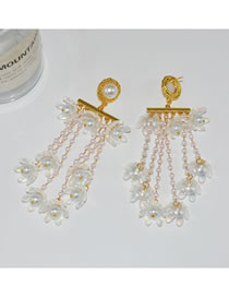Fashion Gold Long Flower Pearl Tassel Earrings