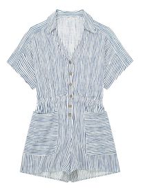 Fashion Blue Polyester Striped Lapel Collar Button-up Playsuit