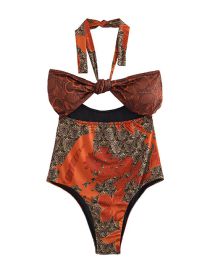 Fashion Printing Polyester Printed Halter Neck Cutout One-piece Swimsuit