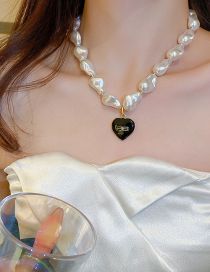 Fashion 17# Necklace - White Black Heart Alloy Shaped Pearl Heart Necklace