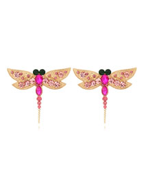 Fashion Rose Red Alloy Diamond Dragonfly Stud Earrings