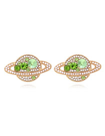 Fashion Green Alloy Diamond Round Planet Stud Earrings