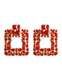 Fashion Red Alloy Diamond Square Stud Earrings