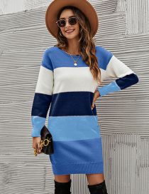 Fashion Blue Color-block Striped Crewneck Knitted Dress