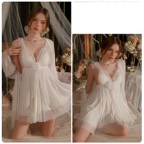 Fashion White (robe + Belt) Mesh Lace Gown