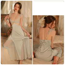 Fashion Light Green Satin Paneled Lace V-neck Nightdress With Flying Sleeves