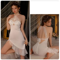 Fashion White Halter Neck Lace See-through Suspender Nightdress