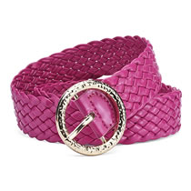 Fashion Rose Red Metal Round Buckle Pu Bright Color Braided Wide Belt
