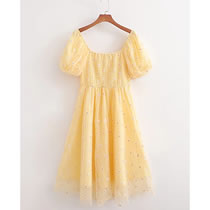 Fashion Yellow Polyester Print Puff Sleeve Square Neck Dress
