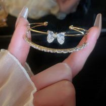 Fashion 21#bracelet - Golden Heart Alloy Diamond Bow Double Layer Cuff Bracelet