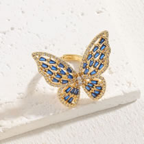 Fashion Blue Zircon Brass Zirconia Butterfly Open Ring