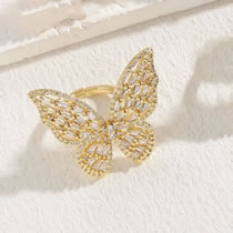 Fashion 14k Real Gold White Zircon Brass Zirconia Butterfly Open Ring
