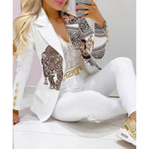Fashion White Leopard Polyester Print Lapel Breasted Blazer Trouser Set