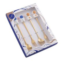 Fashion Space A/spoon And Fork Gold-blue Box Set Of Four Titanium Steel Geometric Astronaut Spoon And Fork Set