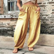 Fashion Light Yellow Ice Silk Solid Color Elastic Trousers
