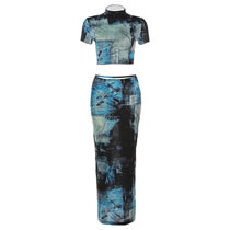 Fashion Blue Polyester Crew Neck Printed Short Sleeve Skirt Set