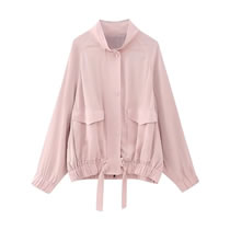 Fashion Pink Woven Stand Collar Pocket Jacket