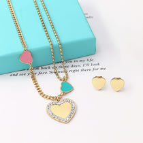 Fashion C Gold Titanium Steel Heart Lock Stud Earrings Necklace Set