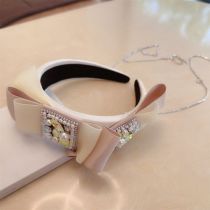 Fashion Beige Fabric Diamond-studded Pearl Geometric Bow Wide-brimmed Headband