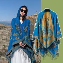 Fashion Golden Branch Jade Leaf Blue Cotton Printed Knit Shawl
