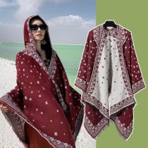 Fashion Cloak Full Of Stars - Wine Red Cotton Printed Knit Shawl