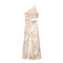 Fashion Printing Silk-satin Printed One-shoulder Cutout Dress