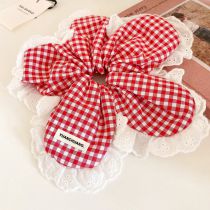 Fashion Hair Band - Red Fabric Floral Check Lace Hair Tie