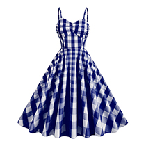 Fashion Dark Blue Big White Grid Cotton Check Waist Slip Dress
