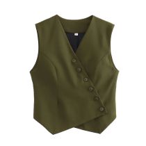 Fashion Armygreen Polyester Bias-breasted Vest Jacket