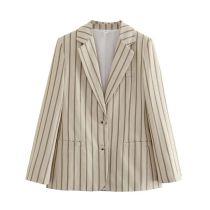 Fashion Khaki Polyester Striped Pocket Blazer