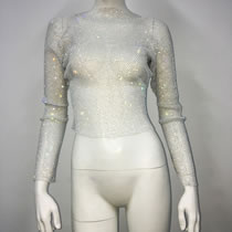 Fashion White Top Mesh Crystal Fishnet Long Sleeve Top