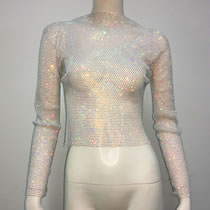 Fashion White Ab Diamond Top Mesh Crystal Fishnet Long Sleeve Top