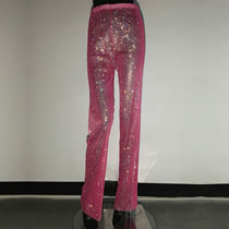 Fashion Rose Red Pants Mesh Crystal Fishnet Trousers